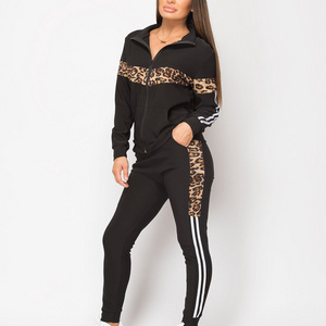 Custom Logo Womens Tracksuits Cotton Polyester Leopard Print Side Stripe Women Jogging 2 Pieces Tracksuit Set