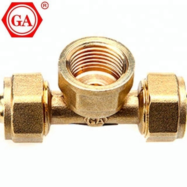 GA-3801 Female tee brass compression fittings PEX AL PEX multilayer pipe and brass nickel plating pipe fittings for water