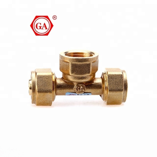 GA-3801 Female tee brass compression fittings PEX AL PEX multilayer pipe and brass nickel plating pipe fittings for water