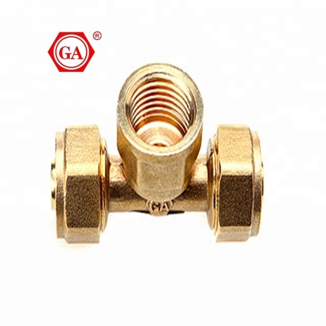 GA-3801 Female tee brass compression fittings PEX AL PEX multilayer pipe and brass nickel plating pipe fittings for water