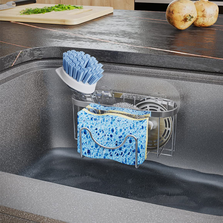 No Drilling Adhesive Sponge Drain Rack Stainless Steel Kitchen Sink Organizer Sponge Holder Caddy