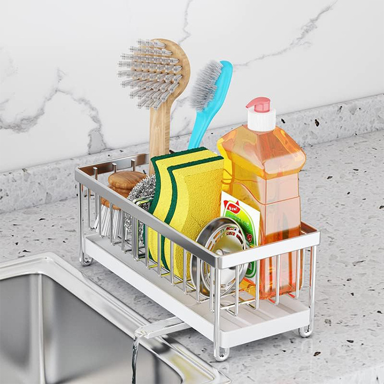 Kitchen Sink Caddy Sponge Organizer Stainless Steel Holder for Sink,Countertop with Removable Drain Tray with Diversion Drainage