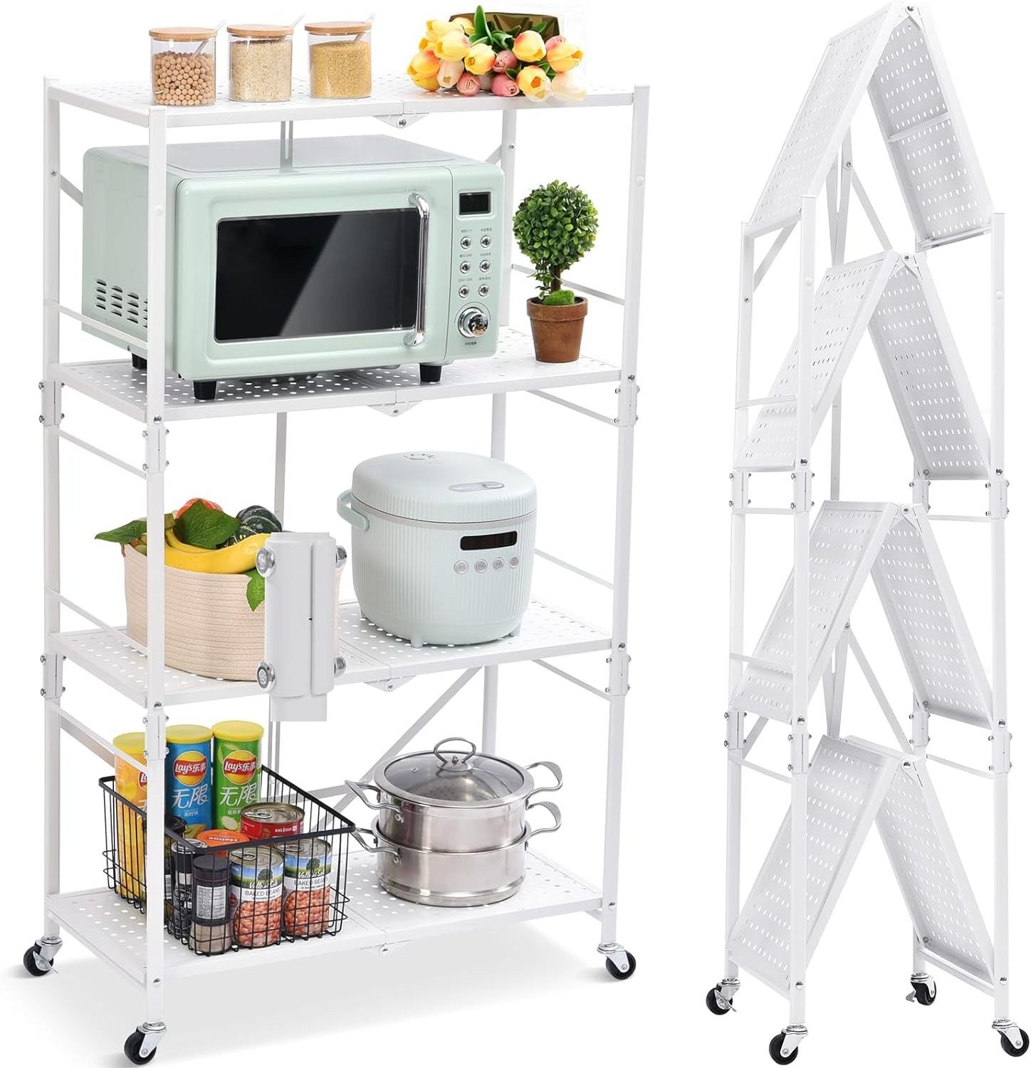 Foldable 4-Tier Storage Shelving Unit with Lockable Wheels, Space-Saving Organizer Rack for Home and Office