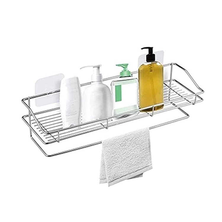 Adhesive Bathroom Shampoo Holder Organizer Metal Shower Caddy Basket Shelf with Towel Bar