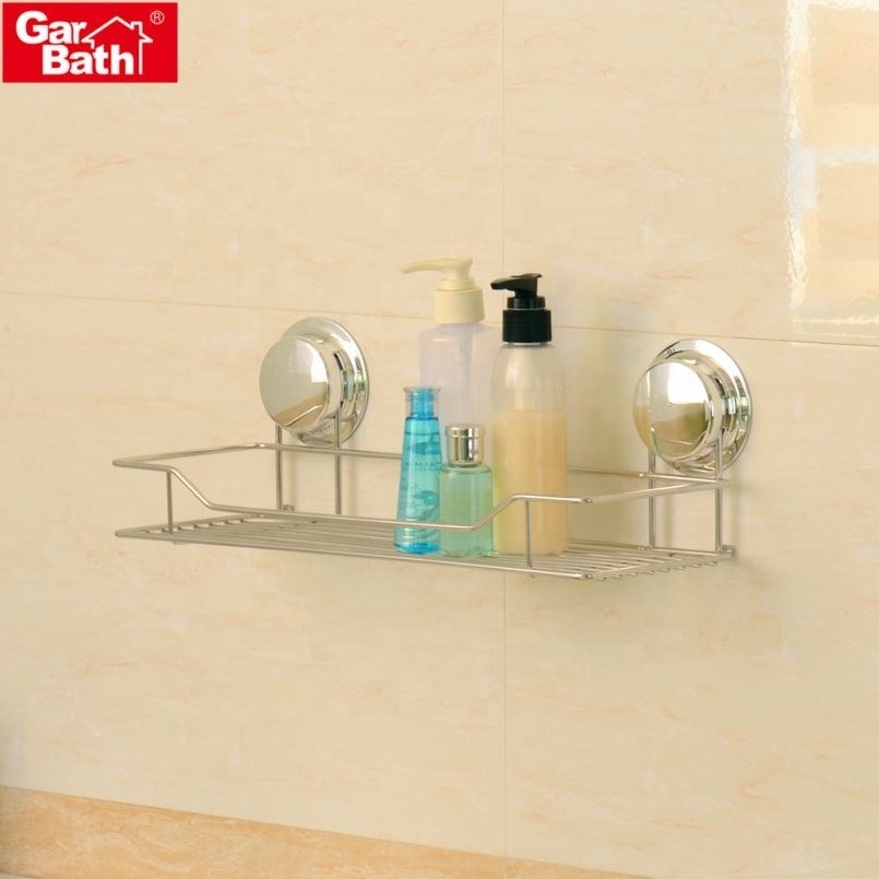 New Design Suction Cup Shower Caddy Stainless Steel Wall Metal Shampoo Rack Shelf