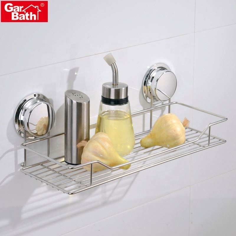 New Design Suction Cup Shower Caddy Stainless Steel Wall Metal Shampoo Rack Shelf