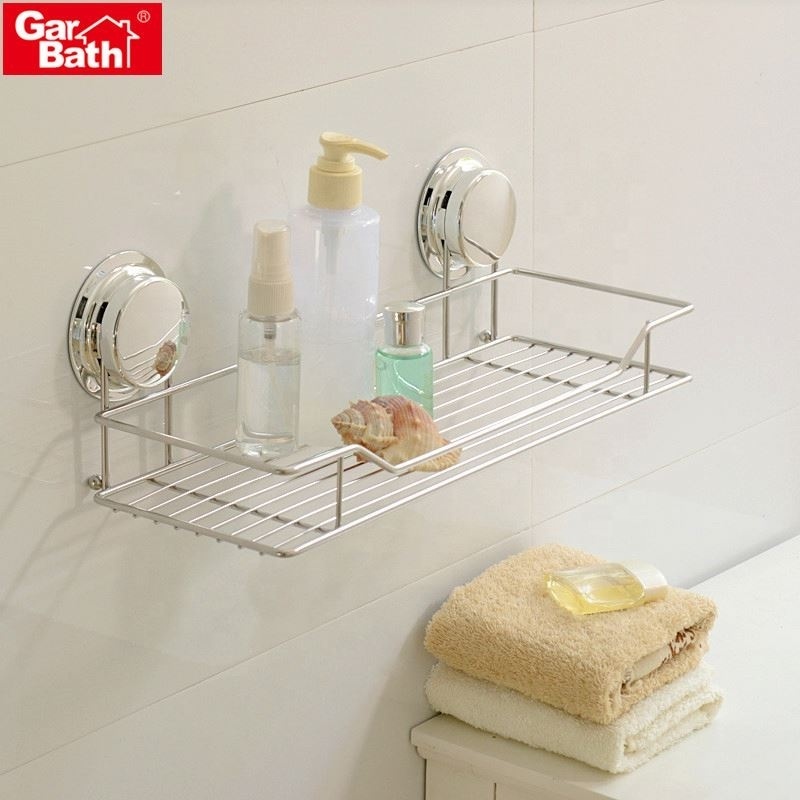 New Design Suction Cup Shower Caddy Stainless Steel Wall Metal Shampoo Rack Shelf