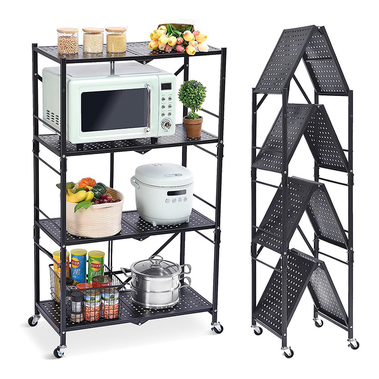 Foldable 4-Tier Storage Shelving Unit with Lockable Wheels, Space-Saving Organizer Rack for Home and Office