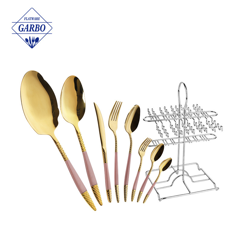 Golden plated silver flatware set stainless steel kitchen spatula table utensil China factory on sale cutlery spoon with holder