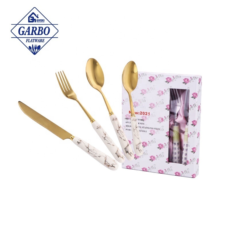 Home Dinner Marble Ceramic Flatware Set Gold Stainless Steel 24pcs Knife Fork Spoon Teaspoon Cutlery with Holder Dishwasher safe