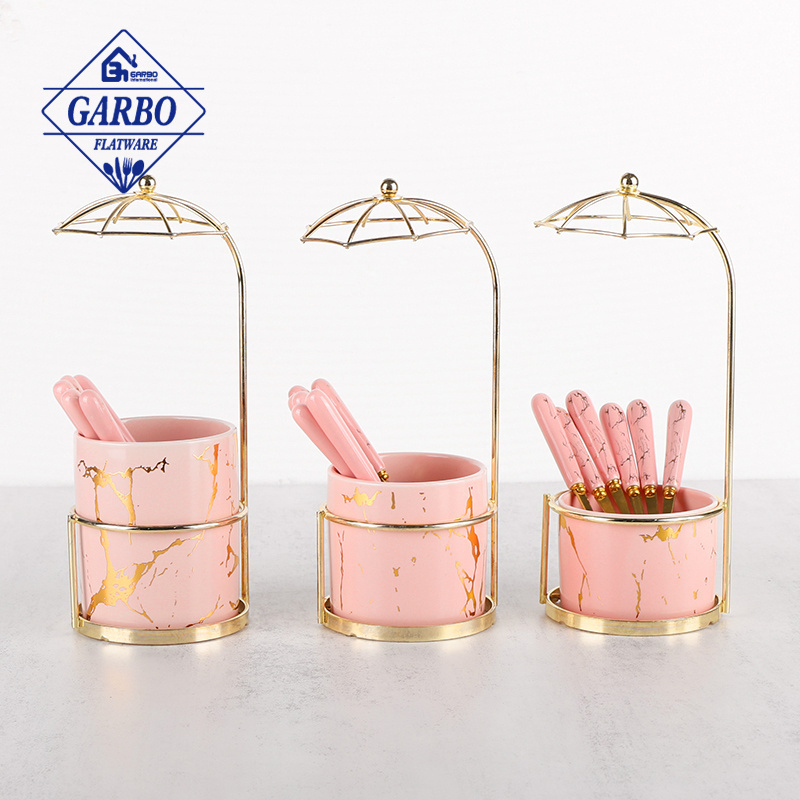 Umbrella ceramic stand 430 stainless steel flatware dinner knife fork tea coffee spoon with pink ceramic handle and printing