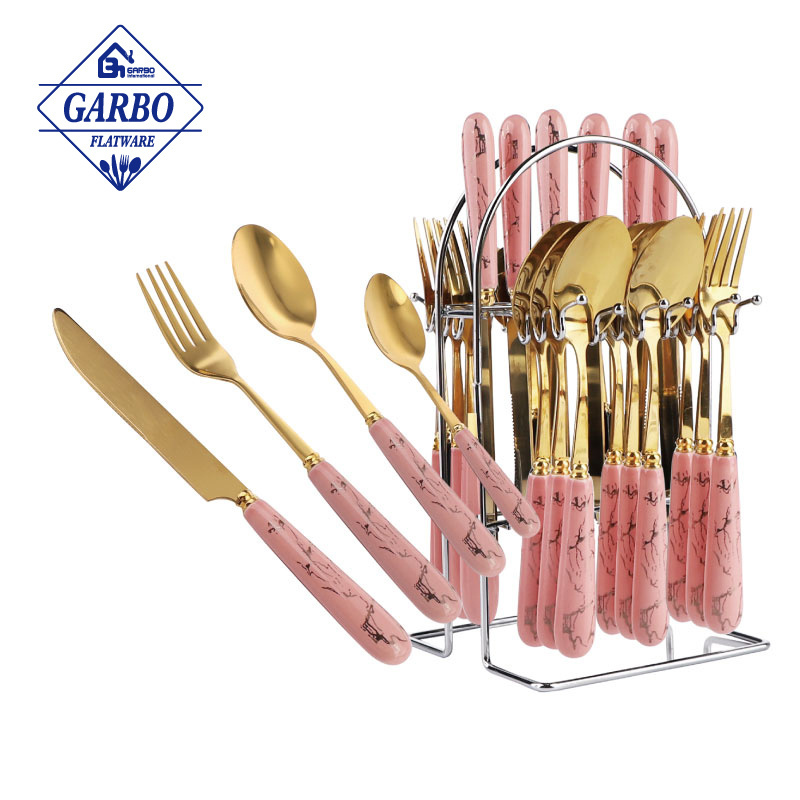 Umbrella ceramic stand 430 stainless steel flatware dinner knife fork tea coffee spoon with pink ceramic handle and printing