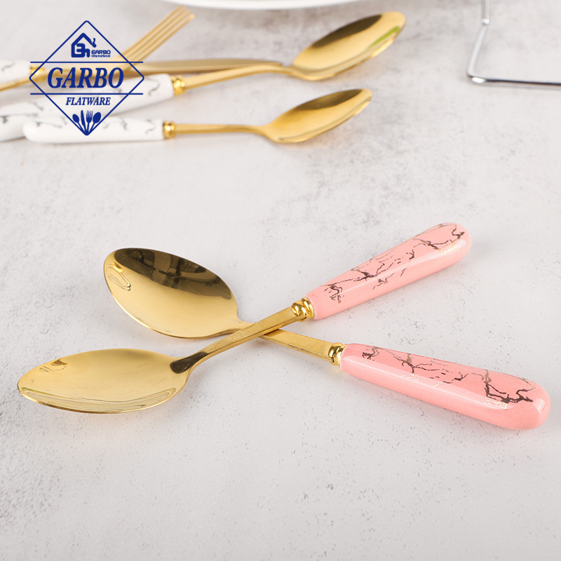 Umbrella ceramic stand 430 stainless steel flatware dinner knife fork tea coffee spoon with pink ceramic handle and printing