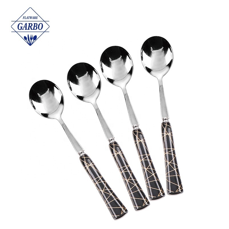 Wholesale 6pcs Food Safe Modern Stainless Steel 410 Ice Spoon Set Metal Long Handle Coffee Latte Spoon with Nordic Marble Design