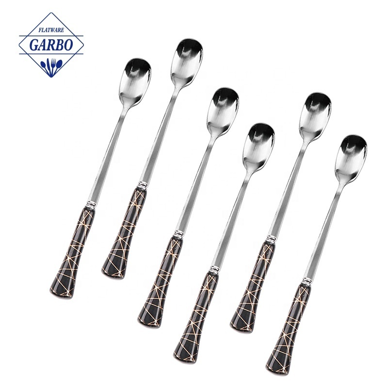 Wholesale 6pcs Food Safe Modern Stainless Steel 410 Ice Spoon Set Metal Long Handle Coffee Latte Spoon with Nordic Marble Design