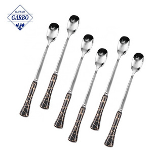 Wholesale 6pcs Food Safe Modern Stainless Steel 410 Ice Spoon Set Metal Long Handle Coffee Latte Spoon with Nordic Marble Design