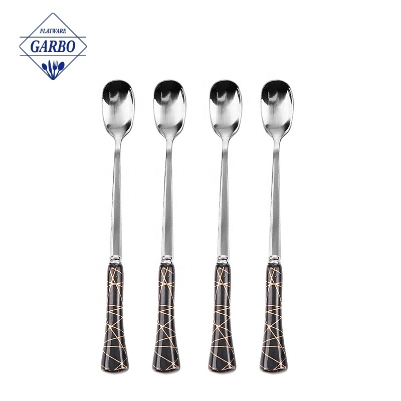 Wholesale 6pcs Food Safe Modern Stainless Steel 410 Ice Spoon Set Metal Long Handle Coffee Latte Spoon with Nordic Marble Design