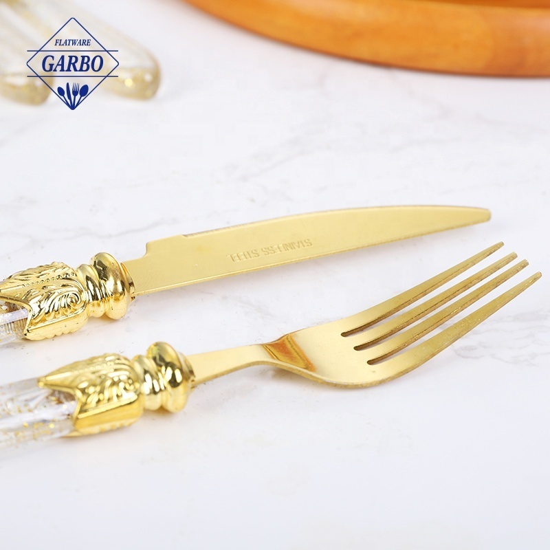 Personalize plastic handle gift box 12pcs fork and spoon set high quality luxury gold cutlery set stainless steel for wedding