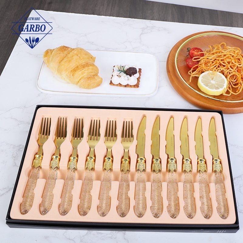 Personalize plastic handle gift box 12pcs fork and spoon set high quality luxury gold cutlery set stainless steel for wedding