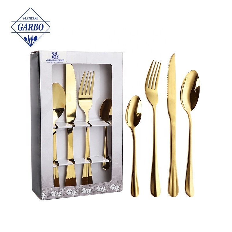 Wholesale High Quality 18/10 Stainless Steel Gold Plating Wedding Restaurant Cutlery Set Bulk Gold Flatware with Line Handle