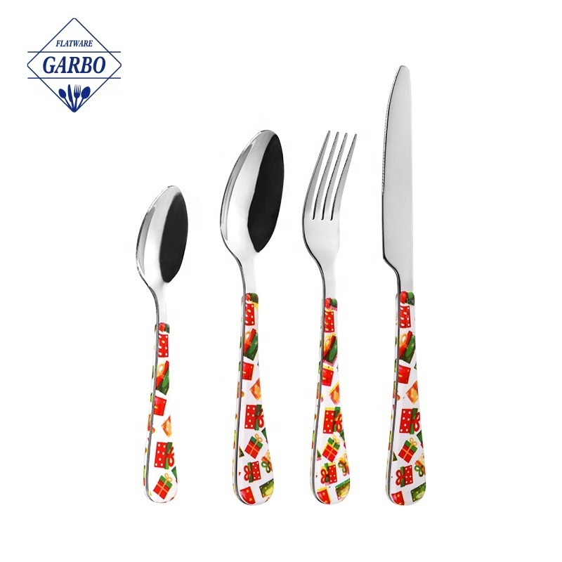 Wholesale  Customized New Christmas Gift Printing SS410 Stainless Steel Cutlery Set Flatware Sets with ABS Plastic Handle