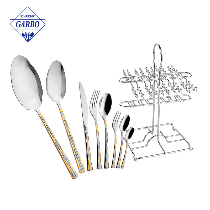 Golden plated silver flatware set stainless steel kitchen spatula table utensil China factory on sale cutlery spoon with holder