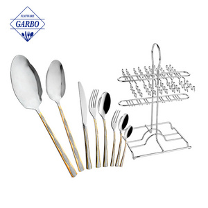 Golden plated silver flatware set stainless steel kitchen spatula table utensil China factory on sale cutlery spoon with holder