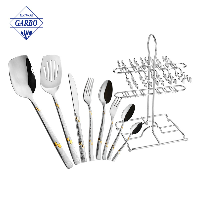 Golden plated silver flatware set stainless steel kitchen spatula table utensil China factory on sale cutlery spoon with holder