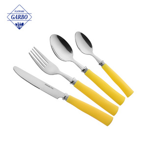 Customized Special Design Acrylic Flatware Stainless Steel Cutlery Set With yellow Color Plastic Handle For Gift Events