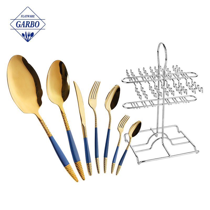 Golden plated silver flatware set stainless steel kitchen spatula table utensil China factory on sale cutlery spoon with holder