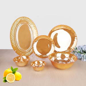 Indian Arabic markets electroplated golden 33PCS white opal glassware dinner set with glass flat plate fish dish bowl spoon