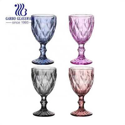 Factory wholesale Color spray pink blue grey purple glass goblet stemware wine glasses with diamond engraved design