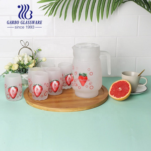 1.4L 7pcs set frosted beverage water drinking sets glass pitcher jug with Strawberry decal printing and water cup tumbler