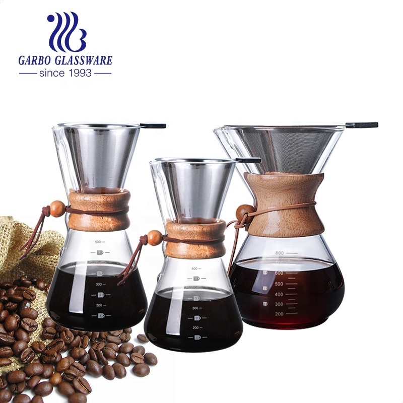 Heat Resistant Borosilicate wholesale wood handle pour over drip glass coffee pot Espresso Coffee Maker Iced Filters