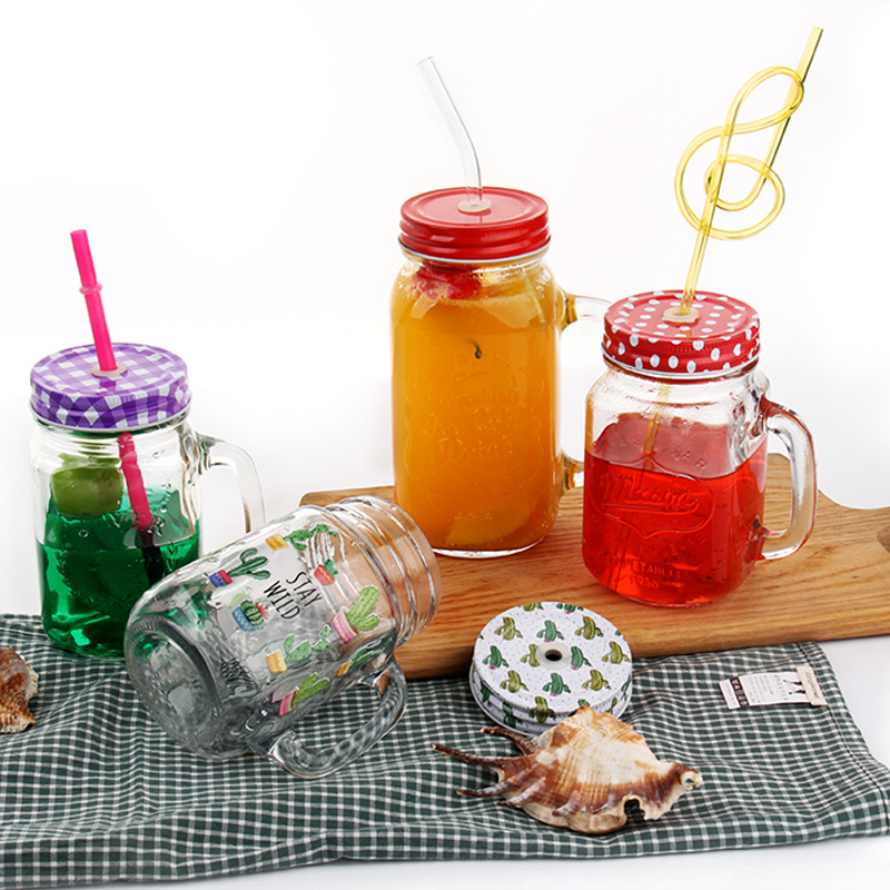 classical 500ml glass juice mason jar and bottle with tin lid and straw clear dispenser glass bottle with emboss logo and handle