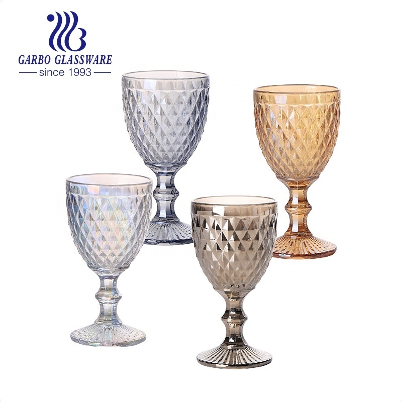 engraved glass goblet wholesale cheap Ion plated black/blue/purple/green glass wine glasses water goblet embossed glassware set