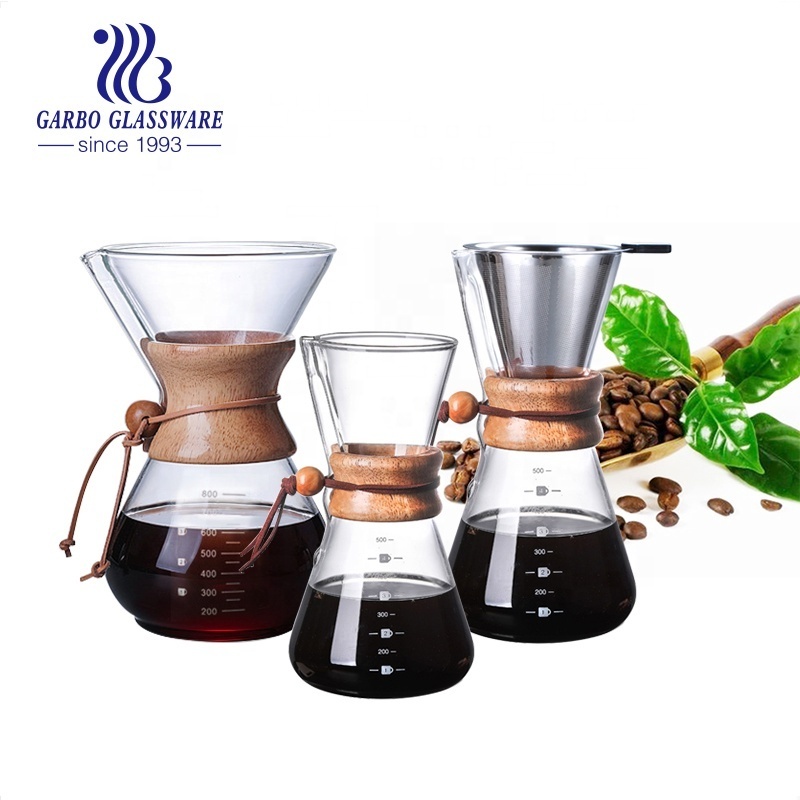 Heat Resistant Borosilicate wholesale wood handle pour over drip glass coffee pot Espresso Coffee Maker Iced Filters