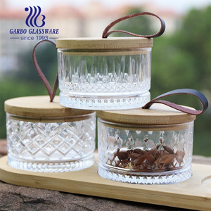 Garbo Glassware exclusive design 220ml embossed glass snack bowl with bamboo lid solid transparent glass dessert pudding bowl