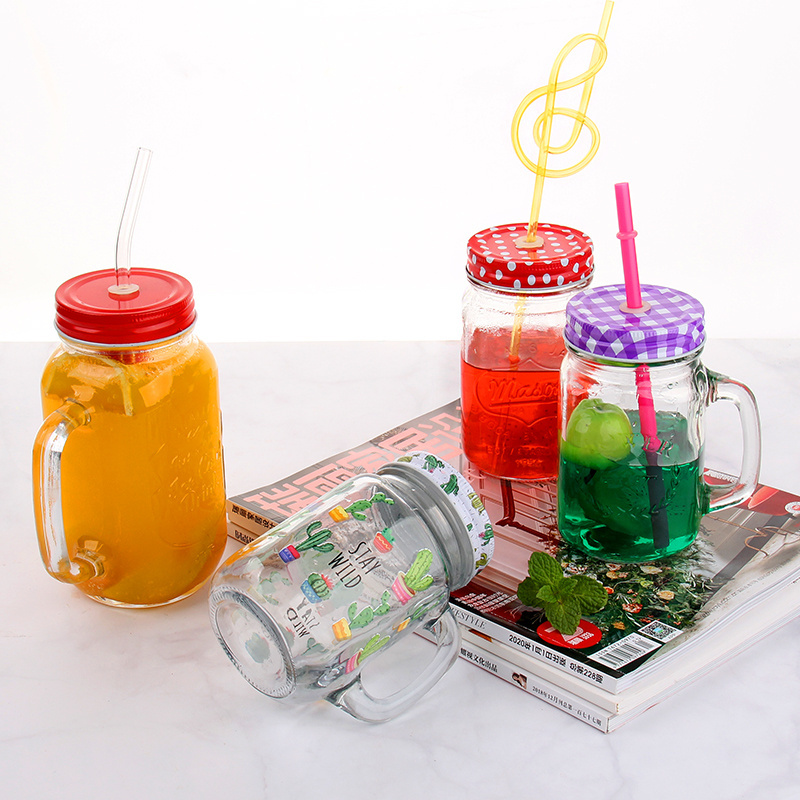 classical 500ml glass juice mason jar and bottle with tin lid and straw clear dispenser glass bottle with emboss logo and handle