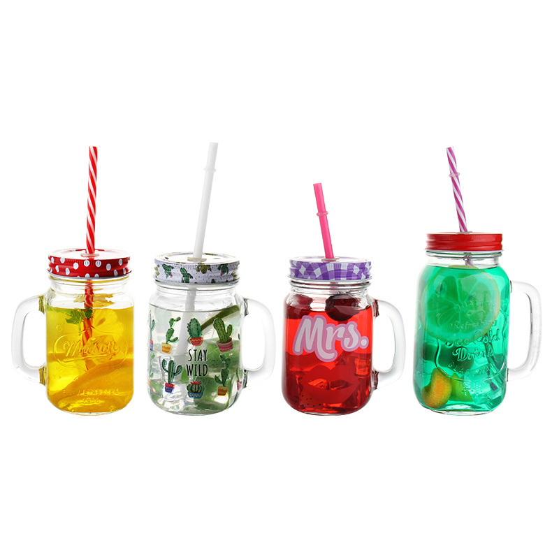 classical 500ml glass juice mason jar and bottle with tin lid and straw clear dispenser glass bottle with emboss logo and handle