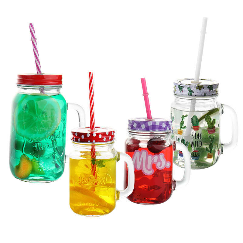 classical 500ml glass juice mason jar and bottle with tin lid and straw clear dispenser glass bottle with emboss logo and handle