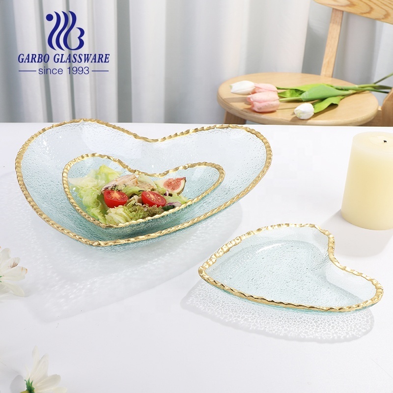 Handmade Craft Heart Shape Decorative Table Fruit Food Glassware Dinner Dish Tableware Snacks Charger Plate With Gold Rim