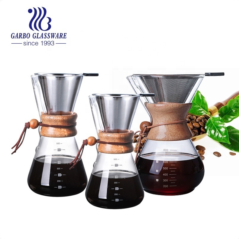 Heat Resistant Borosilicate wholesale wood handle pour over drip glass coffee pot Espresso Coffee Maker Iced Filters