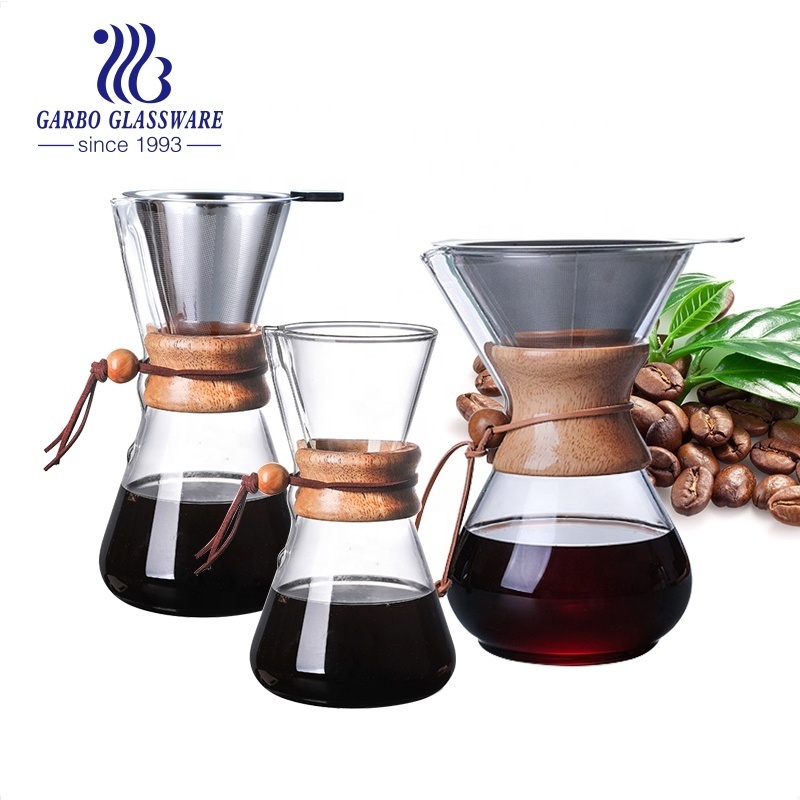 Heat Resistant Borosilicate wholesale wood handle pour over drip glass coffee pot Espresso Coffee Maker Iced Filters