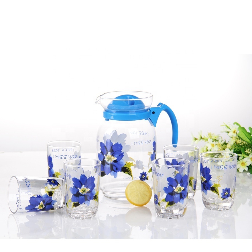 Newest Glass drinking set  nice printed home use glass jug set with glasses water drinking set