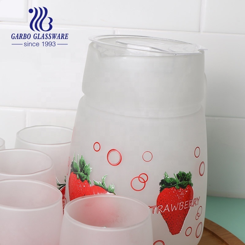 1.4L 7pcs set frosted beverage water drinking sets glass pitcher jug with Strawberry decal printing and water cup tumbler