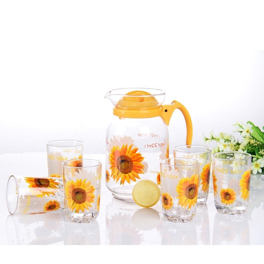 Newest Glass drinking set  nice printed home use glass jug set with glasses water drinking set