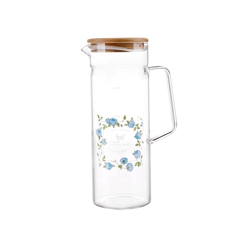 High quality glassware 1.25L Custom decal pitcher borosilicate microwave safe clear glass carafe pitcher with lid