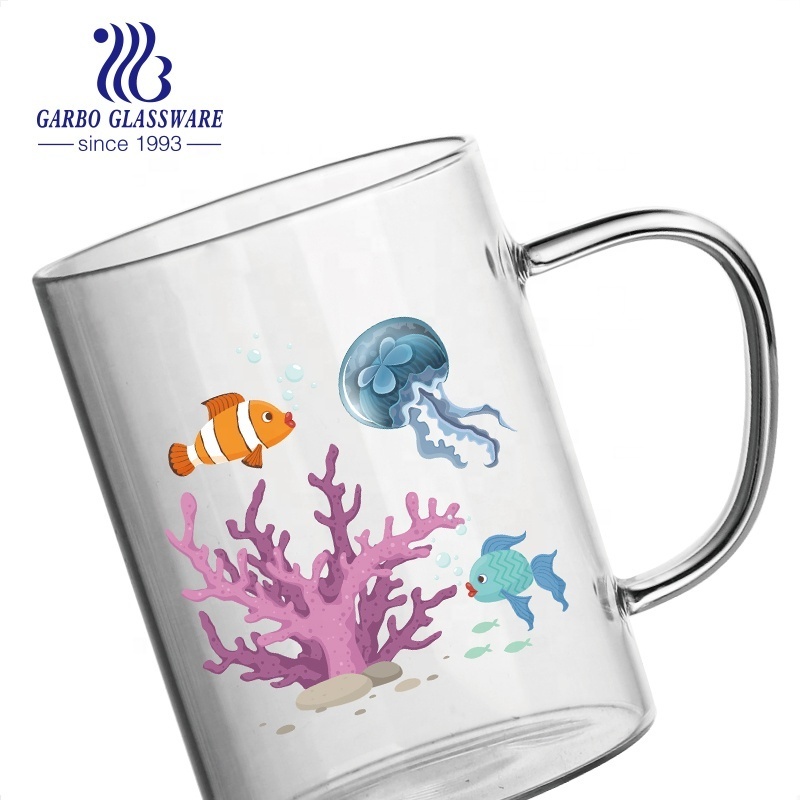 Foatory High borosilicate  450ML single wall seabed ocean decal printing glass water drinking mug coffee juice cup