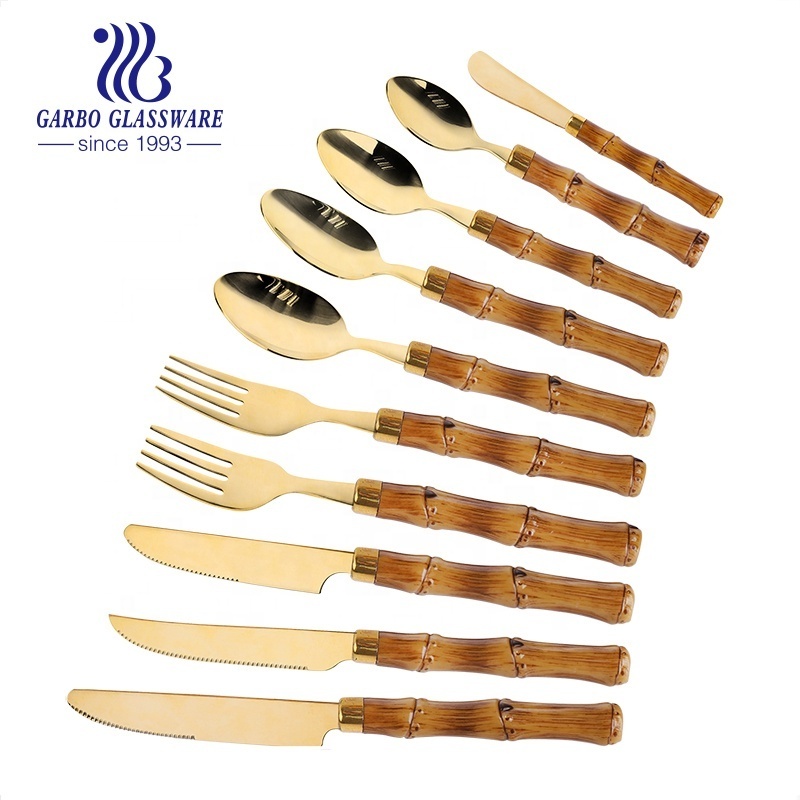 Stainless steel cutlery with plastic bamboo handle design cutlery golden color blade spoon knife and fork set for South-America